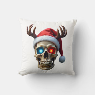 Christmas Skull with Santa Hat and Antlers Mystic Cushion