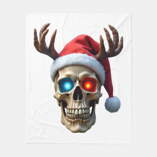 Christmas Skull with Santa Hat and Antlers Mystic Fleece Blanket
