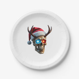 Christmas Skull with Santa Hat and Antlers Mystic Paper Plate