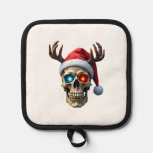 Christmas Skull with Santa Hat and Antlers Mystic Pot Holder