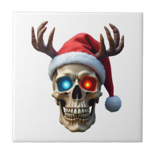 Christmas Skull with Santa Hat and Antlers Mystic Tile