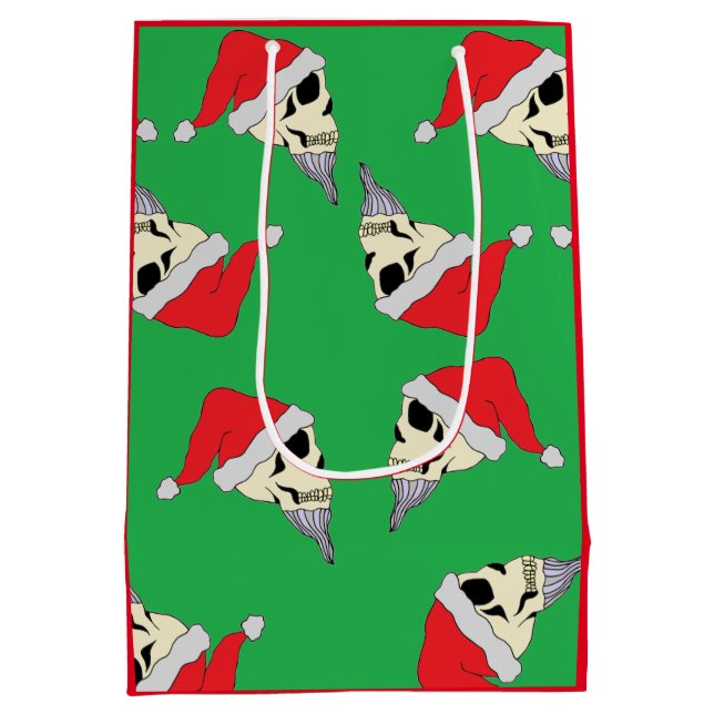 Christmas Skulls with Santa Hats Gift Bag Green (Back)