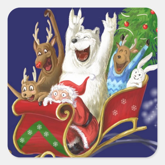 Christmas sledge funny digital drawing Santa Claus Square Sticker (Front)
