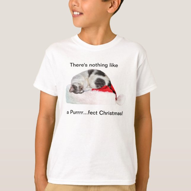 Christmas, Sleeping Cat, Santa Hat T-Shirt (Front)