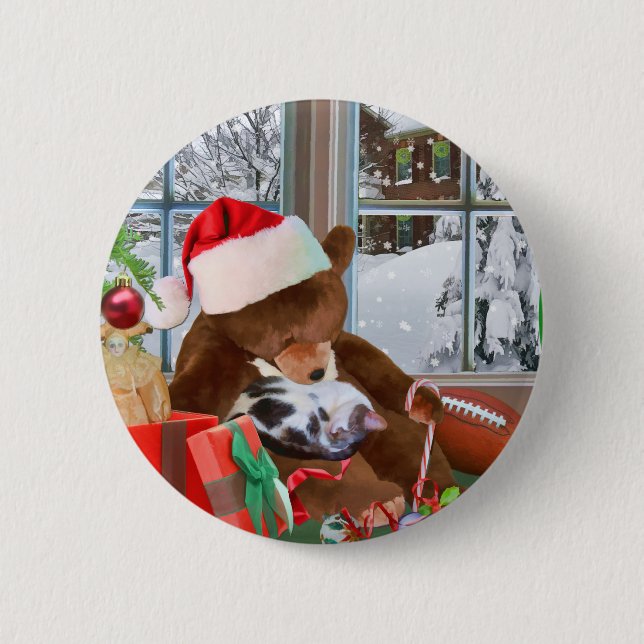 Christmas, Sleeping Cat, Teddy Bear 6 Cm Round Badge (Front)