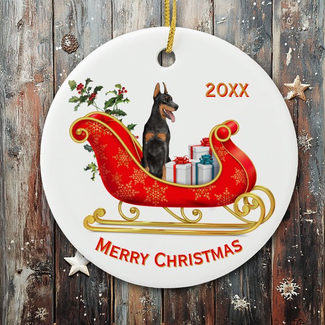 Christmas Sleigh Doberman Pinscher Dog Ceramic Tree Decoration (Creator Uploaded)