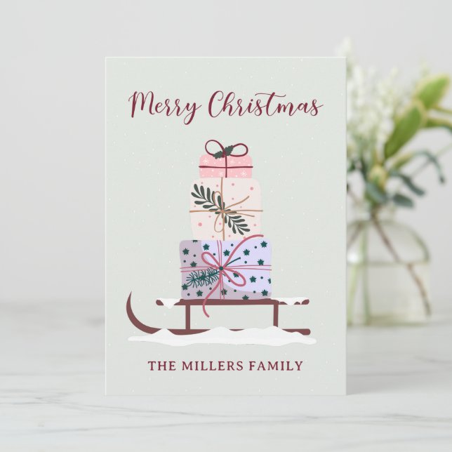 Christmas sleigh full of gifts, light green  holiday card (Standing Front)