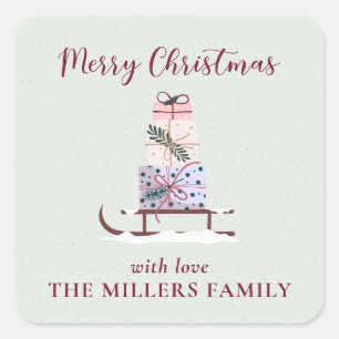 Christmas sleigh full of gifts, ligth green  square sticker