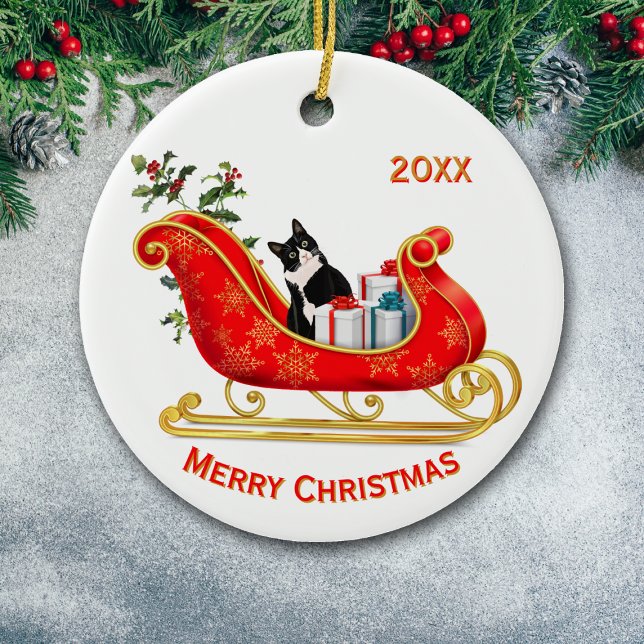 Christmas Sleigh Funny Black White Cat Ceramic Tree Decoration (Creator Uploaded)
