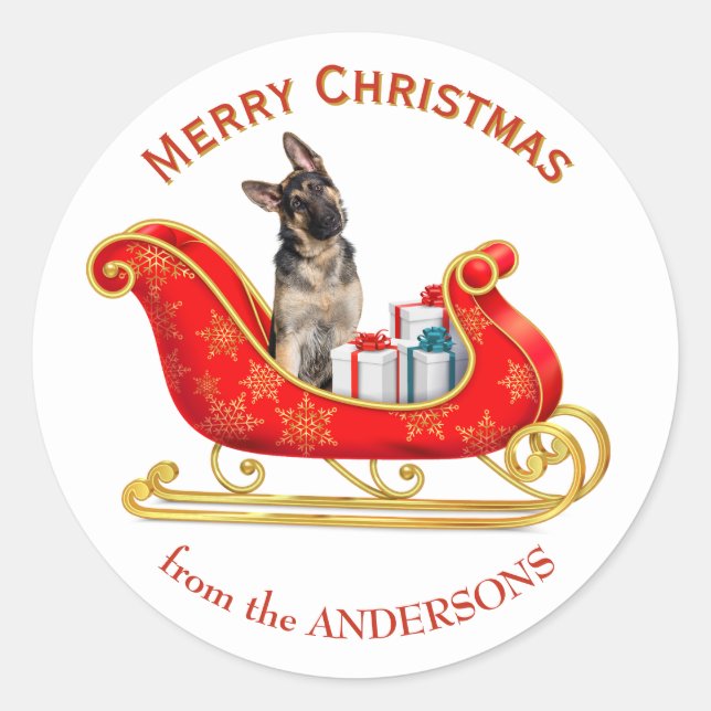 Christmas Sleigh German Shepherd Dog Classic Round Sticker (Front)