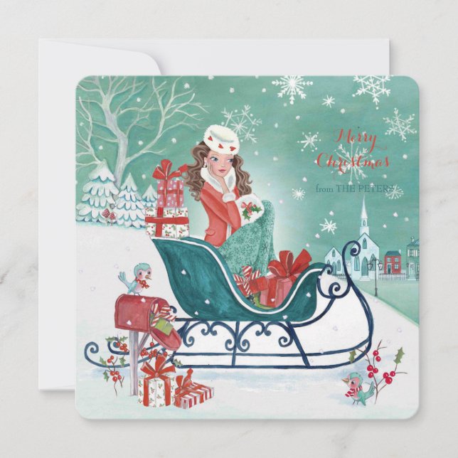 Christmas Sleigh Shopping Girl  - Greetings Holiday Card (Front)