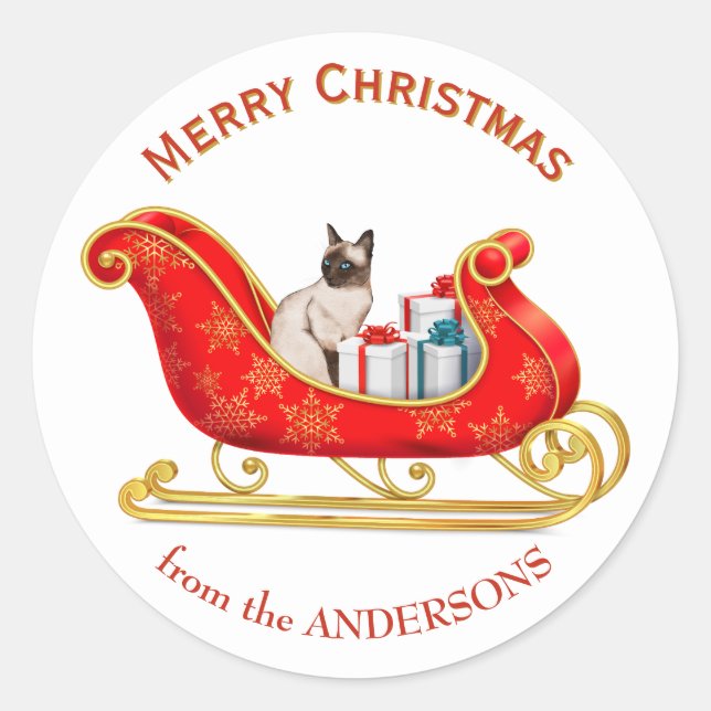 Christmas Sleigh Siamese Cat Classic Round Sticker (Front)
