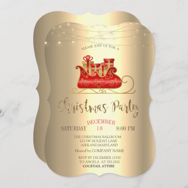 Christmas Sleigh,String Lights Gold Company Invitation (Front/Back)