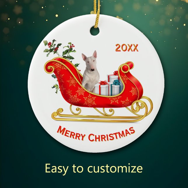 Christmas Sleigh White Bull Terrier Dog Ceramic Tree Decoration (Creator Uploaded)