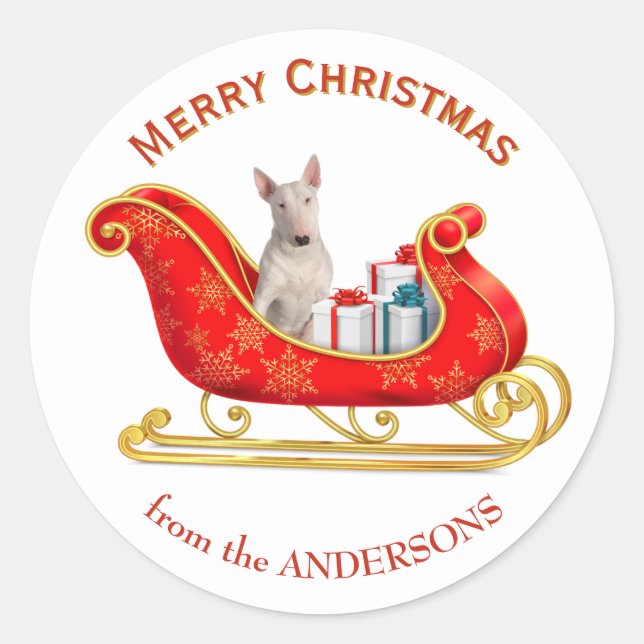 Christmas Sleigh White Bull Terrier Dog Classic Round Sticker (Front)