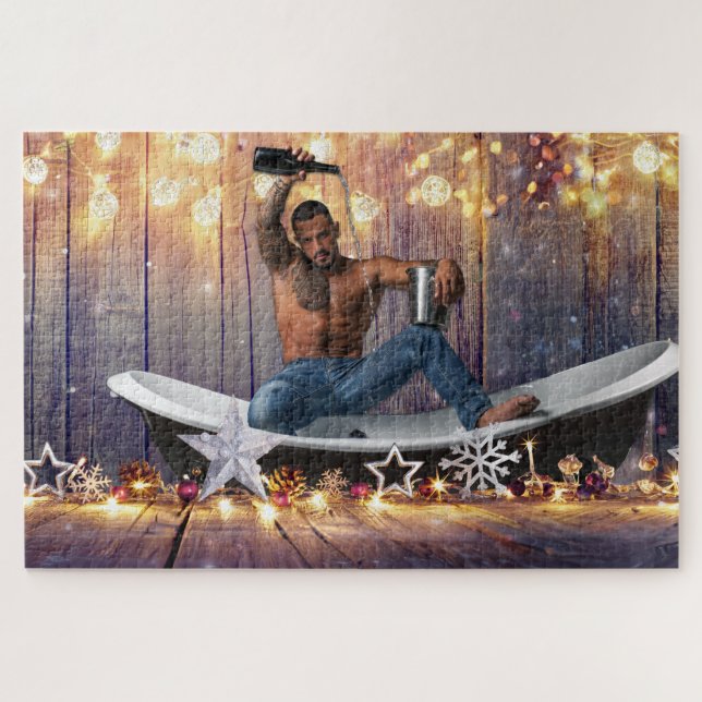 Christmas SlipperyJoe silver gold stars lights wet Jigsaw Puzzle (Horizontal)