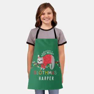 Christmas sloth bright colorful fun kids holiday apron
