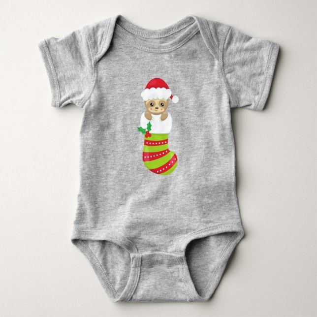 Christmas Sloth, Christmas Stocking, Santa Hat Baby Bodysuit (Front)
