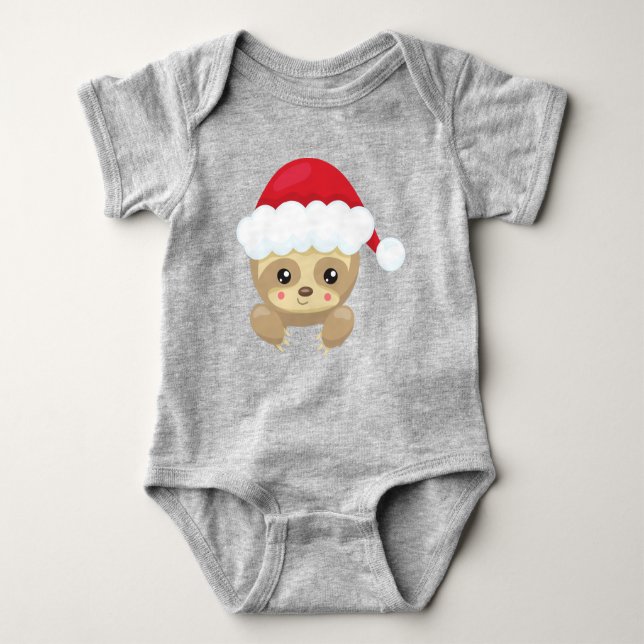 Christmas Sloth, Cute Sloth, Santa Hat, Xmas Baby Bodysuit (Front)