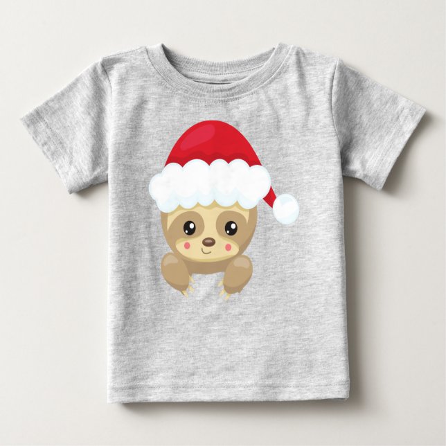 Christmas Sloth, Cute Sloth, Santa Hat, Xmas Baby T-Shirt (Front)