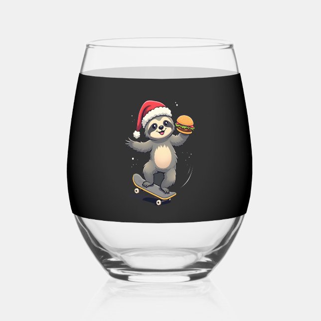 CHRISTMAS SLOTH Funny Christmas Skateboard Sloth ( Stemless Wine Glass (Front)