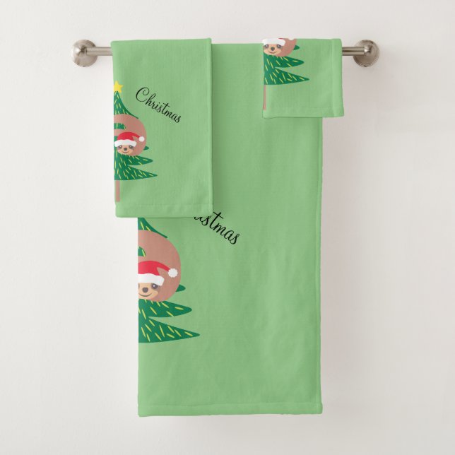 Christmas Sloth Holiday Light Green Bath Towel Set (Insitu)