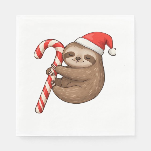 Christmas Sloth Hugging Candy Cane Classic T-Shirt Napkin (Front)