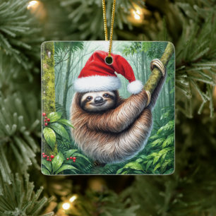 Christmas Sloth In Rainforest Ceramic Ornament