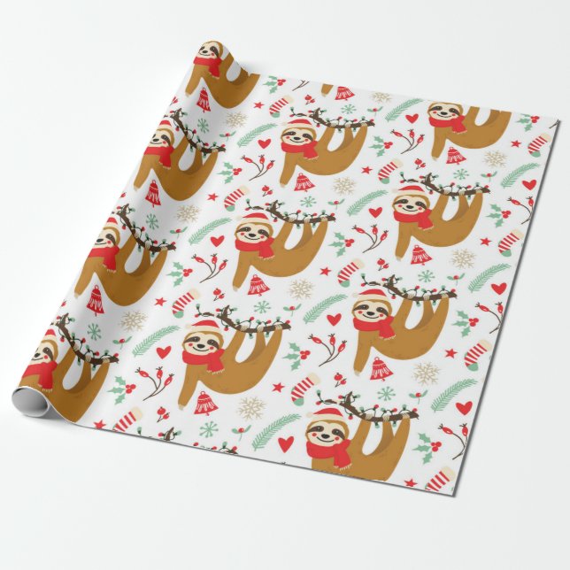 Christmas Sloth Pattern Wrapping Paper (Unrolled)