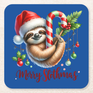 Christmas Sloth Sweatshirt, Holiday Slothmas Square Paper Coaster
