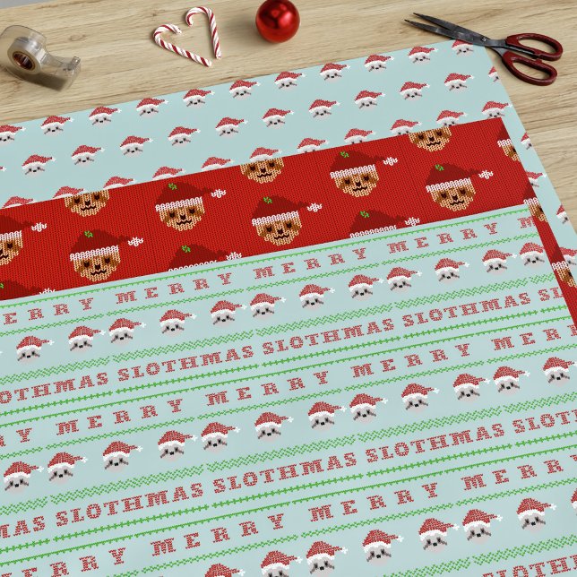 Christmas Sloth Trio Merry Slothmas Cute Holiday Wrapping Paper Sheet (Wishing you a very Merry Slothmas!)