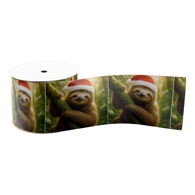 Christmas Sloth Wearing a Santa Hat Grosgrain Ribbon (Spool)