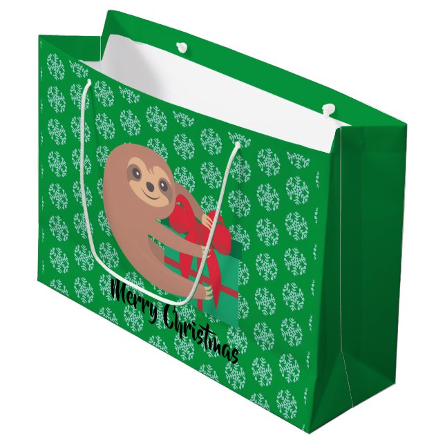 Christmas Sloth with Gift Green Snowflake Large Gift Bag (Front Angled)