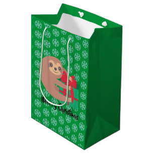 Christmas Sloth with Gift Green Snowflake Medium Gift Bag