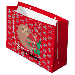 Christmas Sloth with Gift Red Snowflake Large Gift Bag