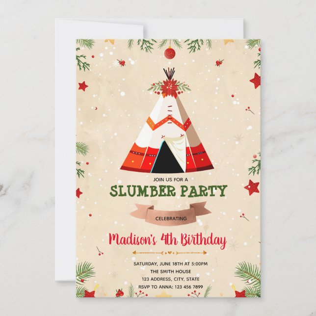 Christmas slumber party birthday invitation (Front)