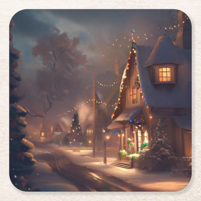 Christmas Small Town 2 Square Paper Coaster (Front)