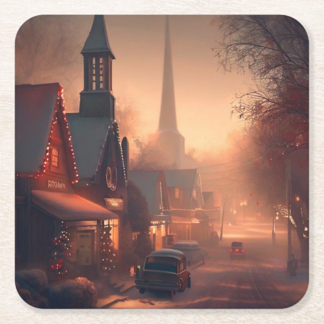Christmas Small Town 4 Square Paper Coaster (Front)
