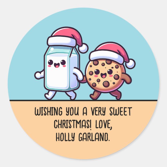 Christmas Snacks Milk and Cookie Cute Custom Text Classic Round Sticker (Front)