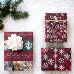 Christmas snow 8 photos grid collage red plaid wrapping paper sheet<br><div class="desc">Cheerful Christmas with Merry and bright snow 8 photos grid collage green and red plaid flannel and hopeful and love script typography with merry christmas typography and snowflake pattern.</div>