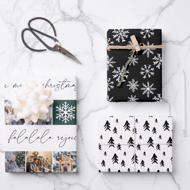 Christmas snow 8 photos grid pine black white wrapping paper sheet (Front)