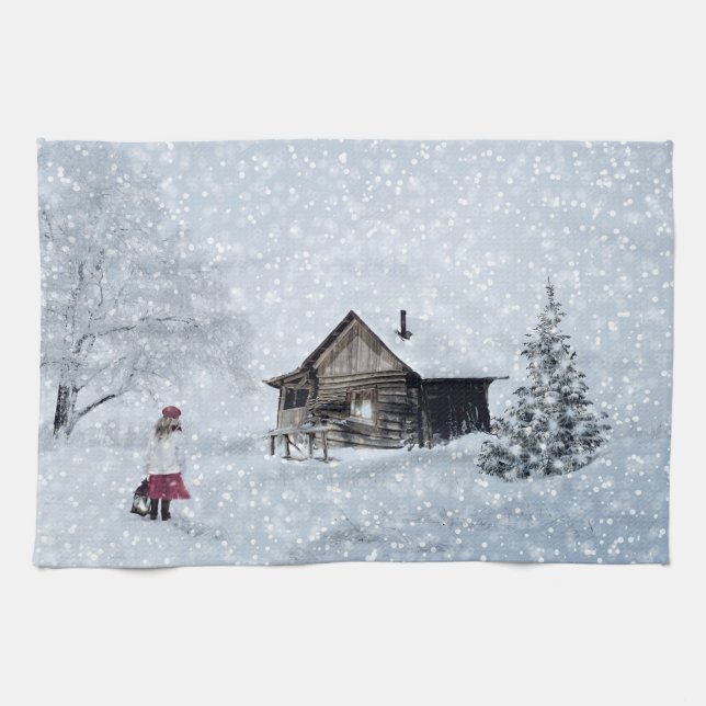 Christmas Snow at the Cabin Tea Towel (Horizontal)