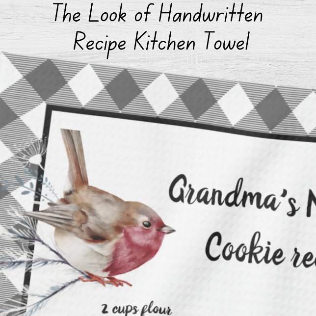Christmas Snow Bird Recipe Keepsake Grey Plaid  Tea Towel (Creator Uploaded)