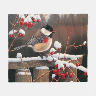 Christmas Snow Black Cap Chickadee Red Berries Fleece Blanket
