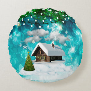 Christmas Snow Cottage & Lights Turquoise Bokeh Round Cushion