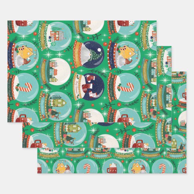 Christmas Snow Globe Green - Woodland Christmas Wrapping Paper Sheet (Set)