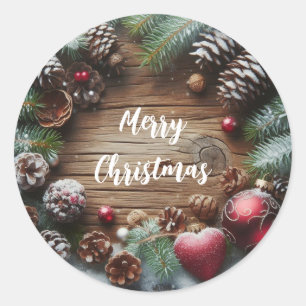 Christmas snow, heart, pine and cones classic round sticker
