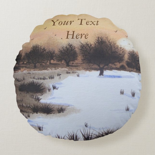 Christmas snow landscape with snow covered trees round cushion (Front)