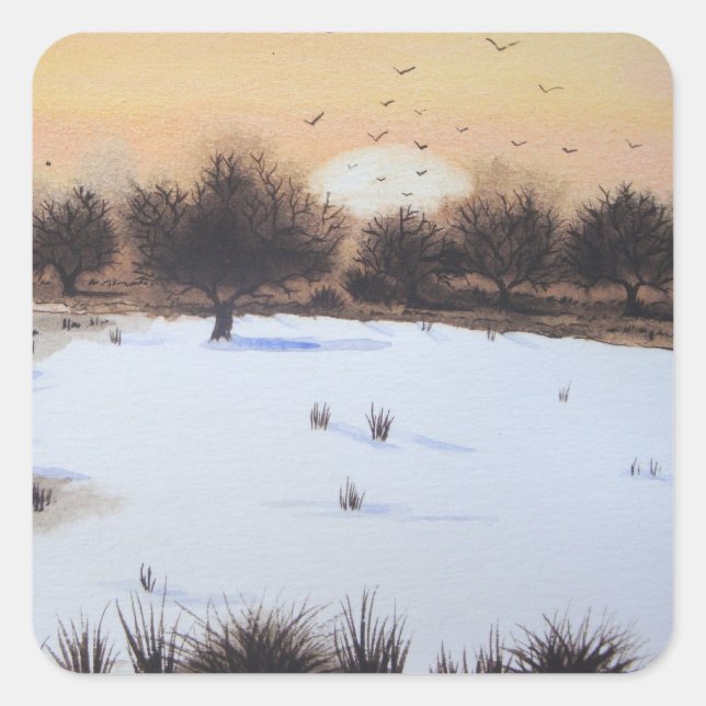 Christmas snow landscape with snow covered trees square sticker (Front)
