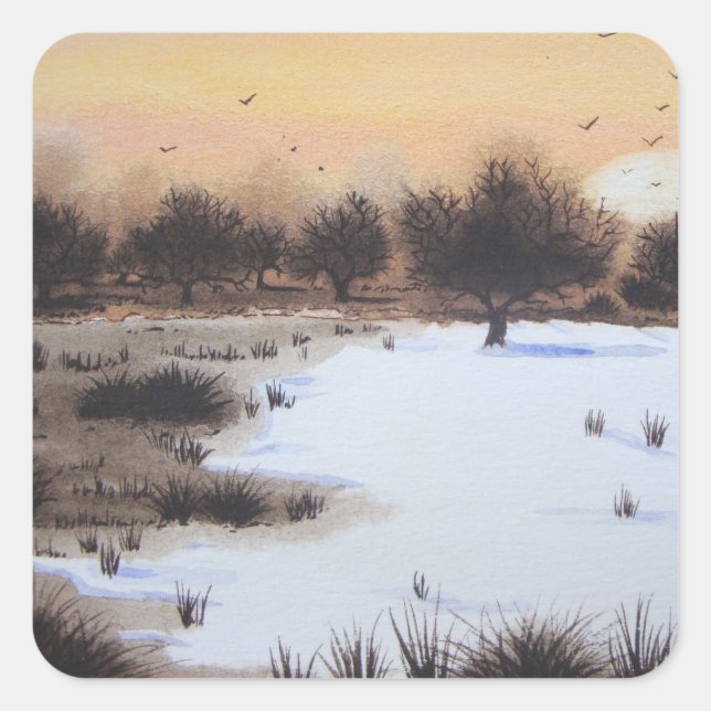 Christmas snow landscape with snow covered trees square sticker (Front)